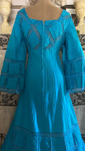 Load image into Gallery viewer, Beautiful 1970's vintage Bright Turquoise Blue Cotton and lace Mexican dress
