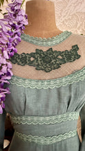 Load image into Gallery viewer, 1970’s vintage dyed moss sage green voile and lace maxi Gunne Sax dress
