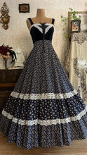 Load image into Gallery viewer, Incredible 1970’s Vintage Navy Blue Calico and velveteen Gunne Sax Maxi Sundress
