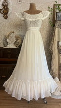Load image into Gallery viewer, Amazing 1970’s Vintage Ivory Crepe Voile and Lace Gunne Sax Flounced Sundress
