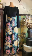 Load image into Gallery viewer, Cozy 1980’s Vintage Black Velveteen and Floral Print Chiffon Dress by Adini
