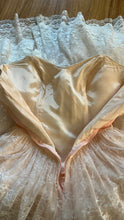 Load image into Gallery viewer, Dream 1980’s Deadstock Vintage Pink Lace and Sequin Strapless Gown with armlets

