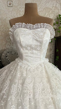 Load image into Gallery viewer, Incredible 1980’s Vintage White Satin and Tiered Lace Strapless Dream Dress
