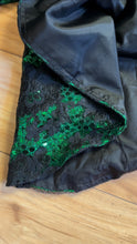 Load image into Gallery viewer, Stunner 1980’s Vintage Emerald Green Sequin and Black Soutache Lace Wiggle Dress by Loralie
