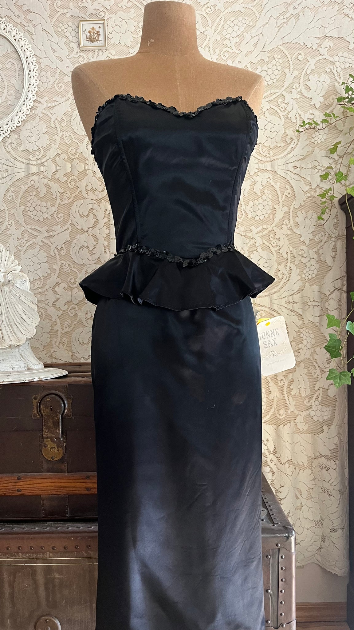 Deadstock 1980's Vintage Black Satin Gunne Sax Peplum Wiggle Dress Strange Vintage Deadstock 1980's Vintage Black Satin Gunne Sax Peplum Wiggle Dress Strange Vintage