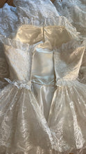 Load image into Gallery viewer, Incredible 1980’s Vintage White Satin and Tiered Lace Strapless Dream Dress
