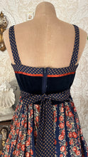 Load image into Gallery viewer, 1970’s Vintage Cabbage Rose Calico and velveteen Gunne Sax Maxi Sundress
