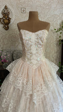Load image into Gallery viewer, Dream 1980’s Deadstock Vintage Pink Lace and Sequin Strapless Gown with armlets
