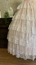 Load image into Gallery viewer, Sweetheart 1980’s Vintage Pink Satin and Ruffled White Lace Gown
