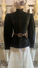 Load image into Gallery viewer, 1980's Vintage Coal Black Silk and Lace blouse by Royal Silk

