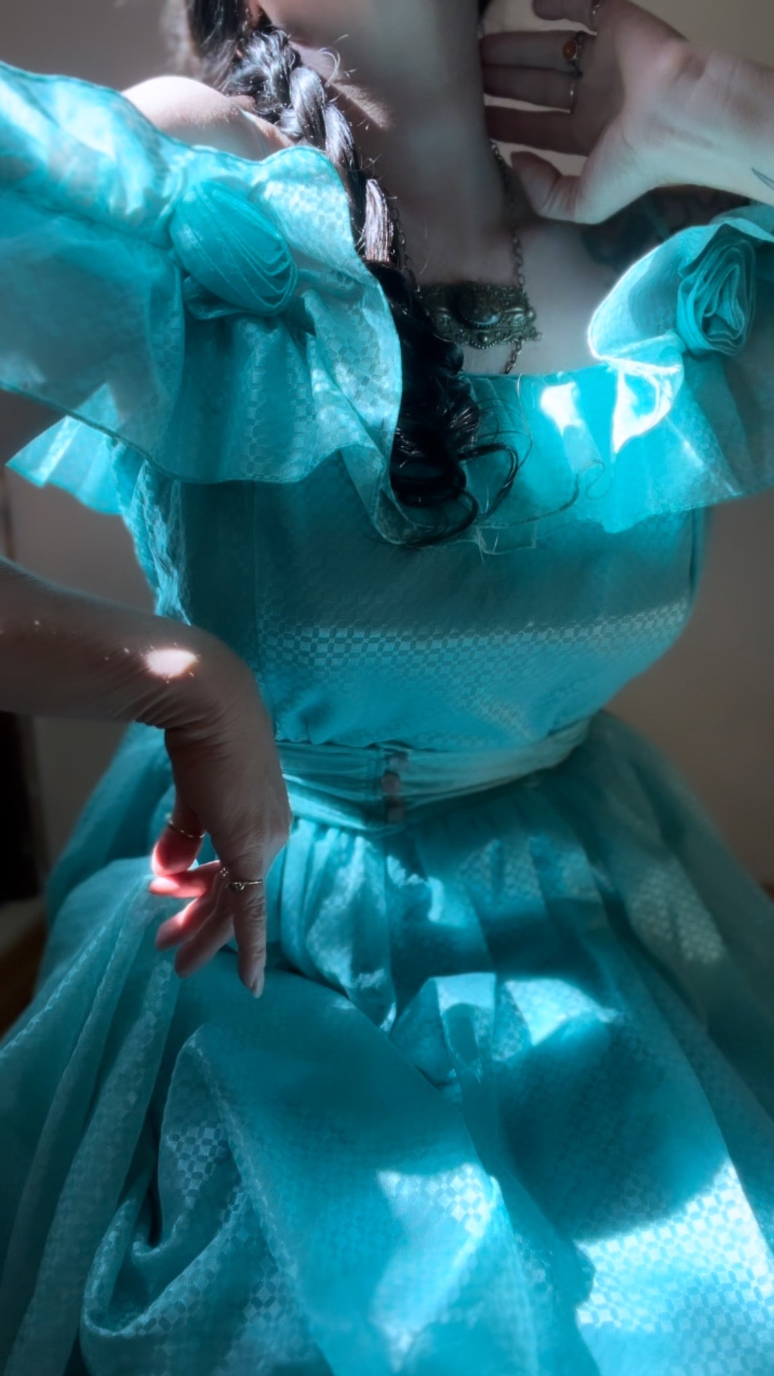 1970’s Vintage Cold Shoulder Ice Blue Ruffle Dress and Belt