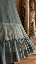 Load image into Gallery viewer, 1970’s vintage dyed moss sage green voile and lace maxi Gunne Sax dress
