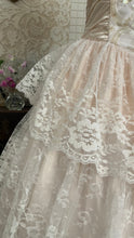 Load image into Gallery viewer, Dream 1980’s Deadstock Vintage Pink Lace and Sequin Strapless Gown with armlets
