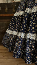 Load image into Gallery viewer, Incredible 1970’s Vintage Navy Blue Calico and velveteen Gunne Sax Maxi Sundress
