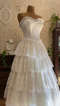Load image into Gallery viewer, Perfect 1980’s Vintage White Satin and Tiered Lace Dream Dress
