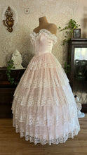 Load image into Gallery viewer, Sweetheart 1980’s Vintage Pink Satin and Ruffled White Lace Gown
