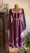 Load image into Gallery viewer, Darling 1970’s Vintage Dark Plum Calico and Velveteen Gunne Sax Midi Dress
