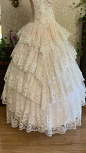Load image into Gallery viewer, Dream 1980’s Deadstock Vintage Pink Lace and Sequin Strapless Gown with armlets
