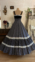 Load image into Gallery viewer, Incredible 1970’s Vintage Navy Blue Calico and velveteen Gunne Sax Maxi Sundress
