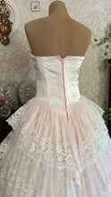 Load image into Gallery viewer, Dream 1980’s Deadstock Vintage Pink Lace and Sequin Strapless Gown with armlets
