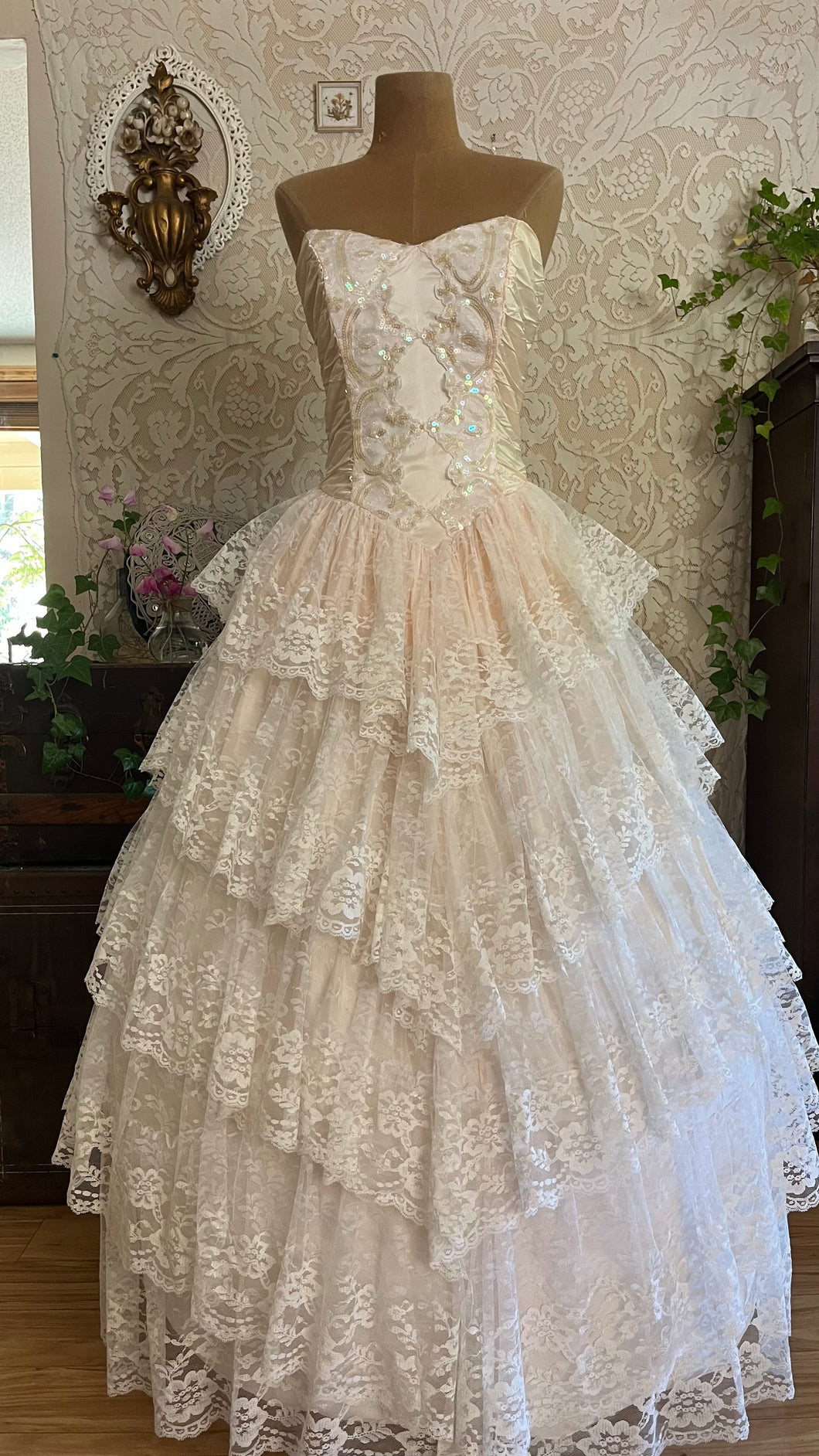 Dream 1980’s Deadstock Vintage Pink Lace and Sequin Strapless Gown with armlets
