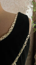 Load image into Gallery viewer, Medieval vibes 1970’s vintage Darkest Green Velveteen Candi Jones Dress
