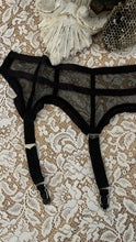 Load image into Gallery viewer, Unusual Pinup 1950’s vintage Black Mesh and Ribbon Garter Belt by Simone
