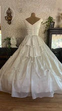 Load image into Gallery viewer, Breathtaking 1950’s Vintage Dove White Chiffon and Antique Rose Lace Bridal Gown Wedding Dress
