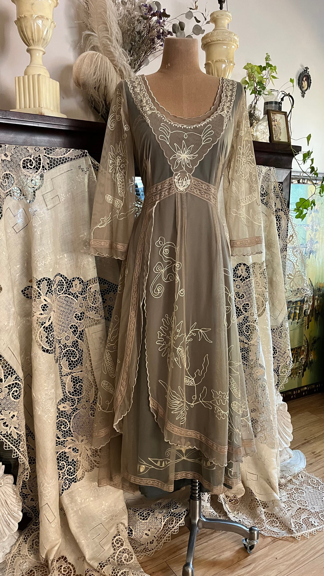 Old Stock 2000’s era Sage Green Embroidered Net and Cotton Dress by Nataya