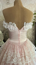 Load image into Gallery viewer, Sweetheart 1980’s Vintage Pink Satin and Ruffled White Lace Gown
