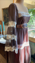 Load image into Gallery viewer, 1970’s Vintage Chocolate Brown and Cinnamon Angel Sleeve Dress by Roberta
