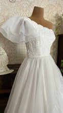 Load image into Gallery viewer, 1950’s Vintage One Shoulder Ruffled White Chiffon Gown by Mike Benet Formals

