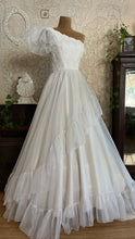 Load image into Gallery viewer, 1950’s Vintage One Shoulder Ruffled White Chiffon Gown by Mike Benet Formals
