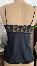 Load image into Gallery viewer, 1970’s Vintage Black Nylon and Lace Camisole by Formfit Rogers
