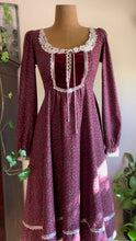 Load image into Gallery viewer, Darling 1970’s Vintage Dark Plum Calico and Velveteen Gunne Sax Midi Dress
