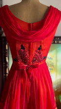 Load image into Gallery viewer, Reworked 1950’s Vintage Red Chiffon and Orange Satin Dress

