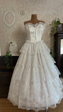 Load image into Gallery viewer, Stunning 1980’s Vintage White Satin and Tiered Lace Dream Dress
