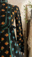 Load image into Gallery viewer, Rare Marigold Print 1970’s vintage black calico Gunne Sax midi dress
