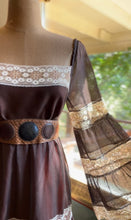 Load image into Gallery viewer, 1970’s Vintage Chocolate Brown and Cinnamon Angel Sleeve Dress by Roberta
