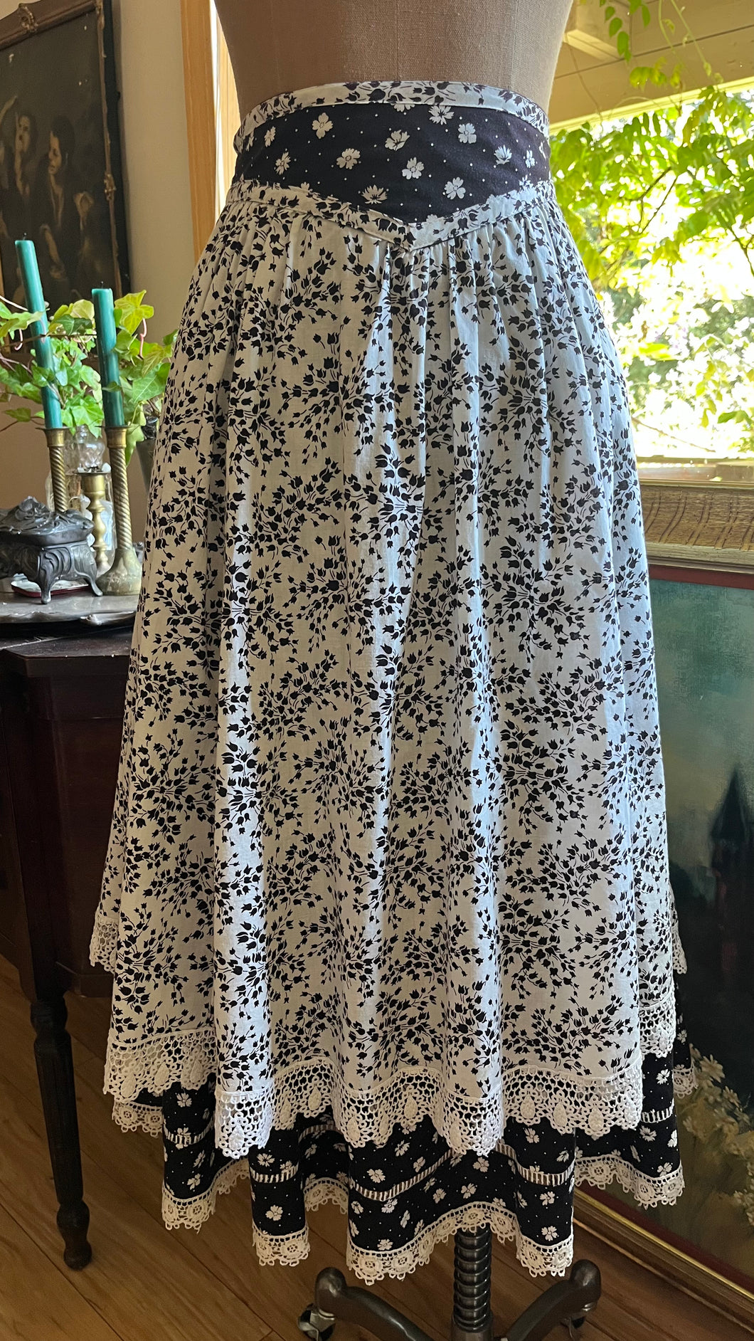Unusual 1980’s Vintage Calico Double Layer Yoked Skirt by Jessica McClintock