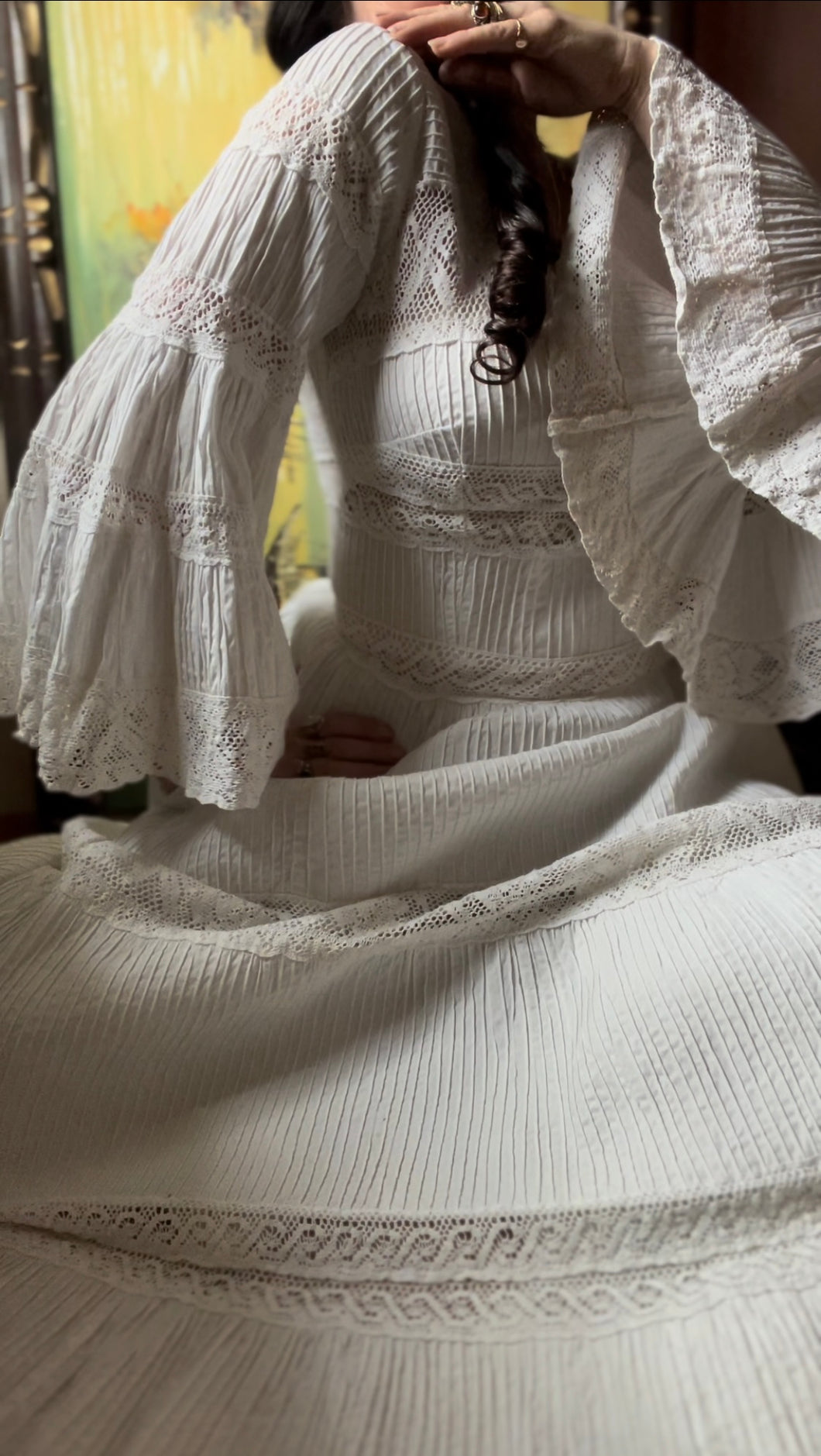 1970's Vintage White Pintuck Cotton Mexican bridal dress