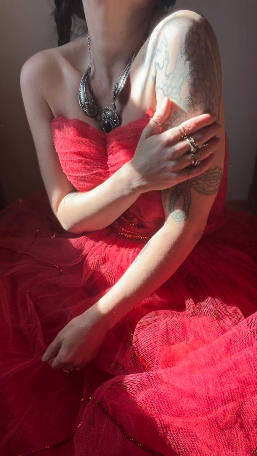 Gorgeous 1950’s vintage red tulle and sequin gown