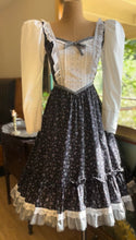 Load image into Gallery viewer, Tea Party 1970’s Vintage Black Calico Gunne Sax Midi Dress
