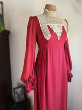 Load image into Gallery viewer, Incredible 1970’s Vintage Handmade Brick Red Satin Crepe and Antique Lace Maxi Dress
