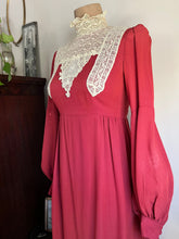Load image into Gallery viewer, Incredible 1970’s Vintage Handmade Brick Red Satin Crepe and Antique Lace Maxi Dress
