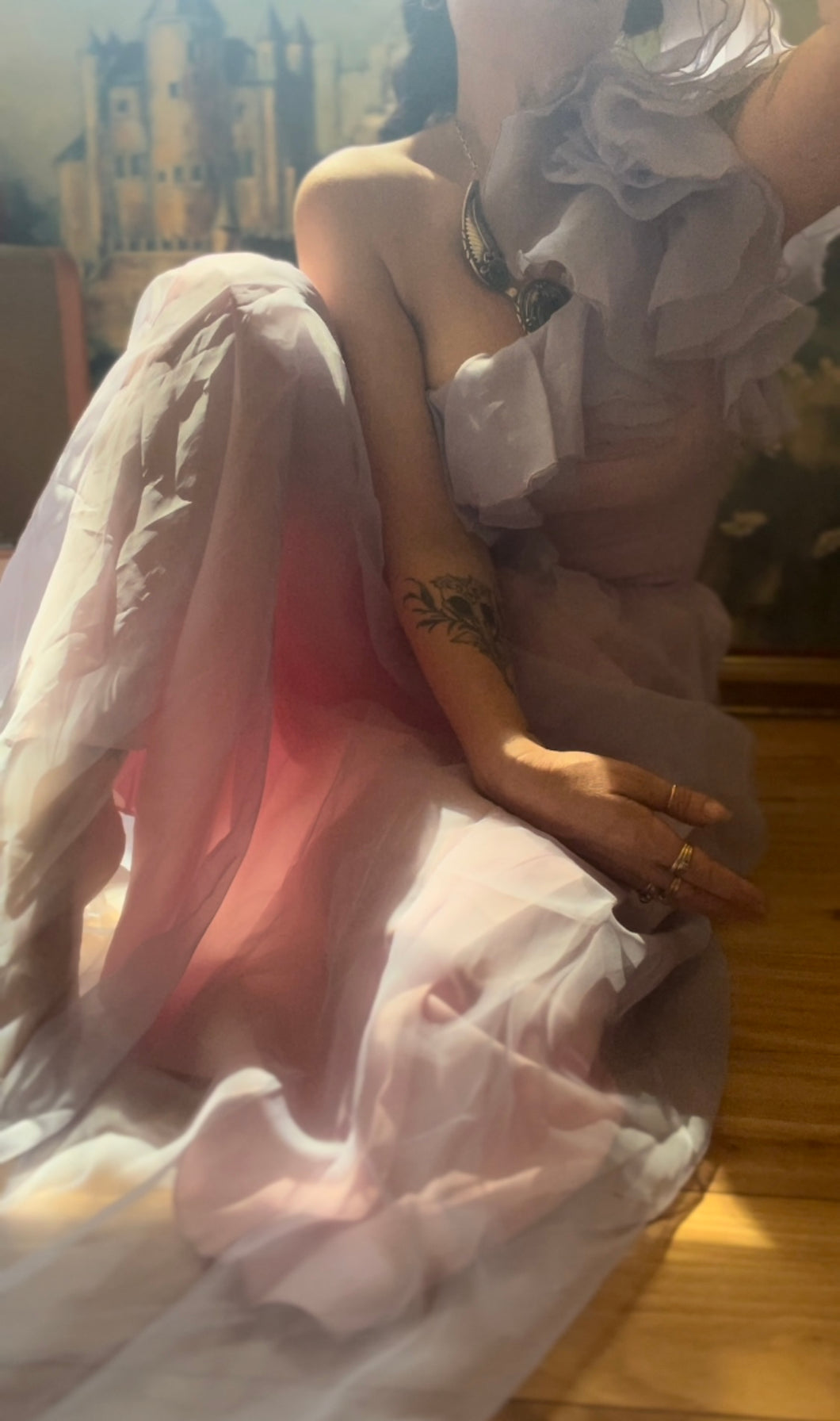 1970’s Vintage Lilac Chiffon One Shoulder Ruffle Gown