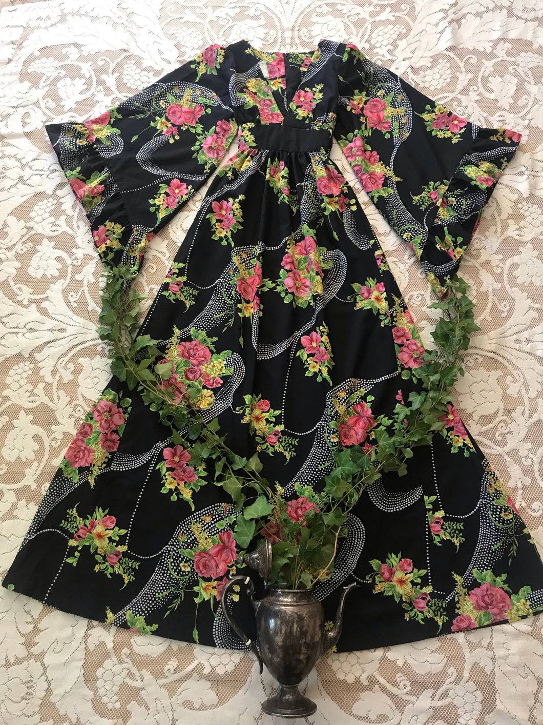 Amazing 1970's vintage black floral angel sleeve dress
