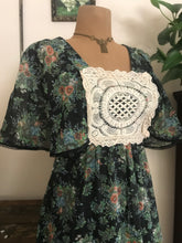 Load image into Gallery viewer, 1970’s Vintage Black Floral Print voile Angel Sleeve Candi Jones Dress
