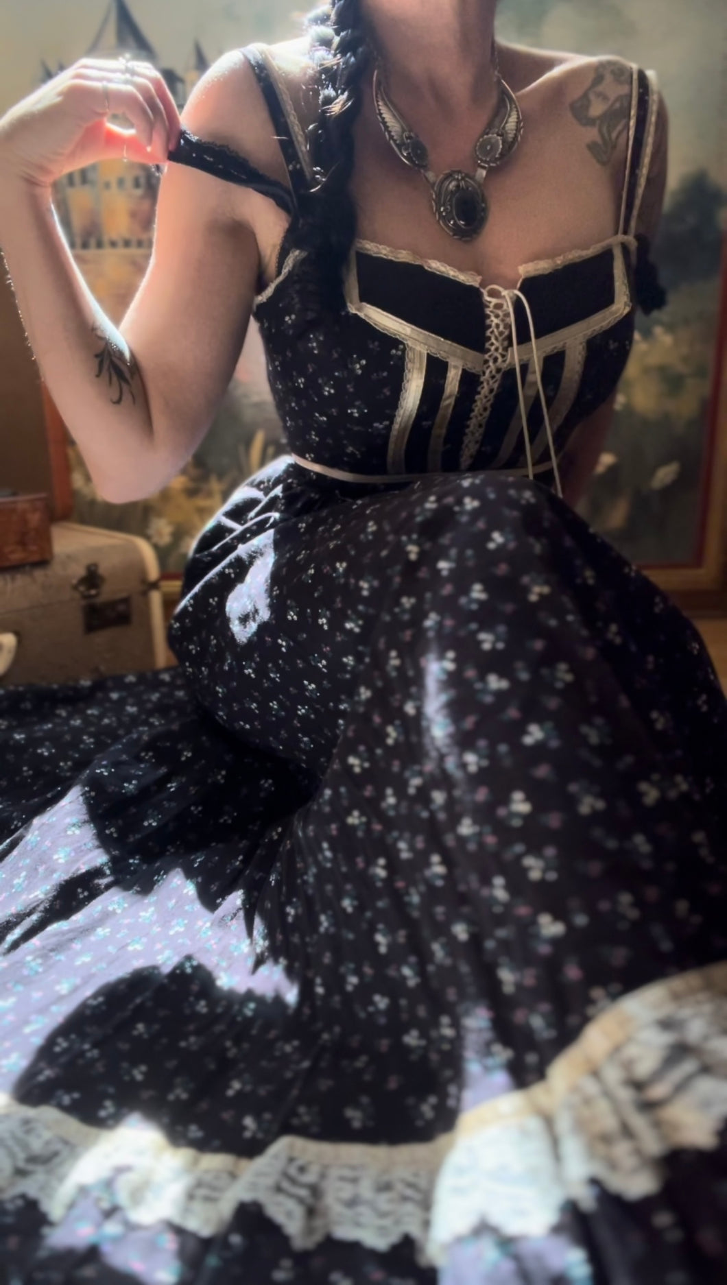 Beautiful 1970’s Vintage Black Calico Gunne Sax Maxi Sundress