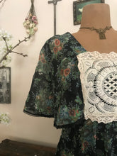 Load image into Gallery viewer, 1970’s Vintage Black Floral Print voile Angel Sleeve Candi Jones Dress
